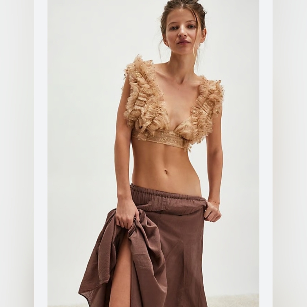 Free People gold metallic ruffled chiffon open back plunge front crop top size S